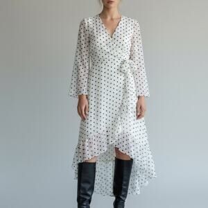 Betsey Johnson Polka Dot High Low Wrap Dress Sz 2 White Sheer Lined Ruffle Hem